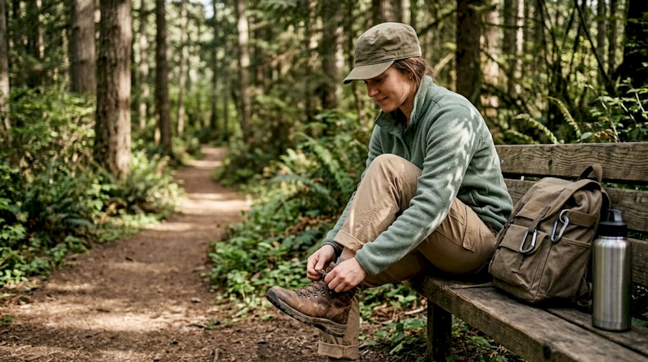 Woman lacing boots in earth-tone hiking outfit