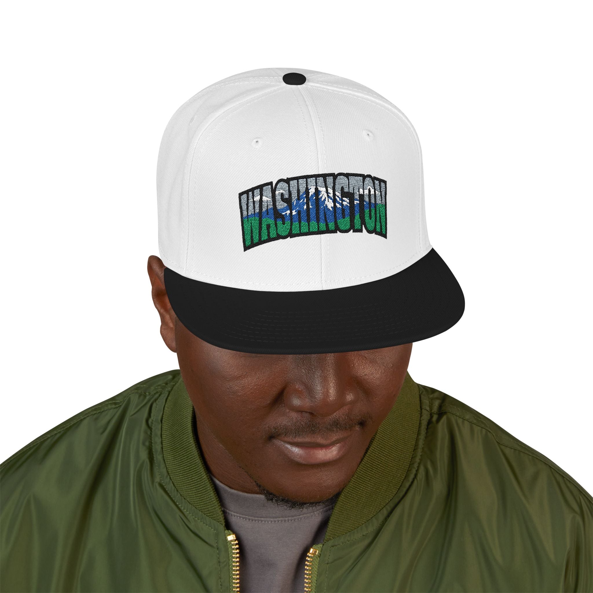 Washington License Plate Snapback Hat — Embroidered "Washington" Ombre Logo
