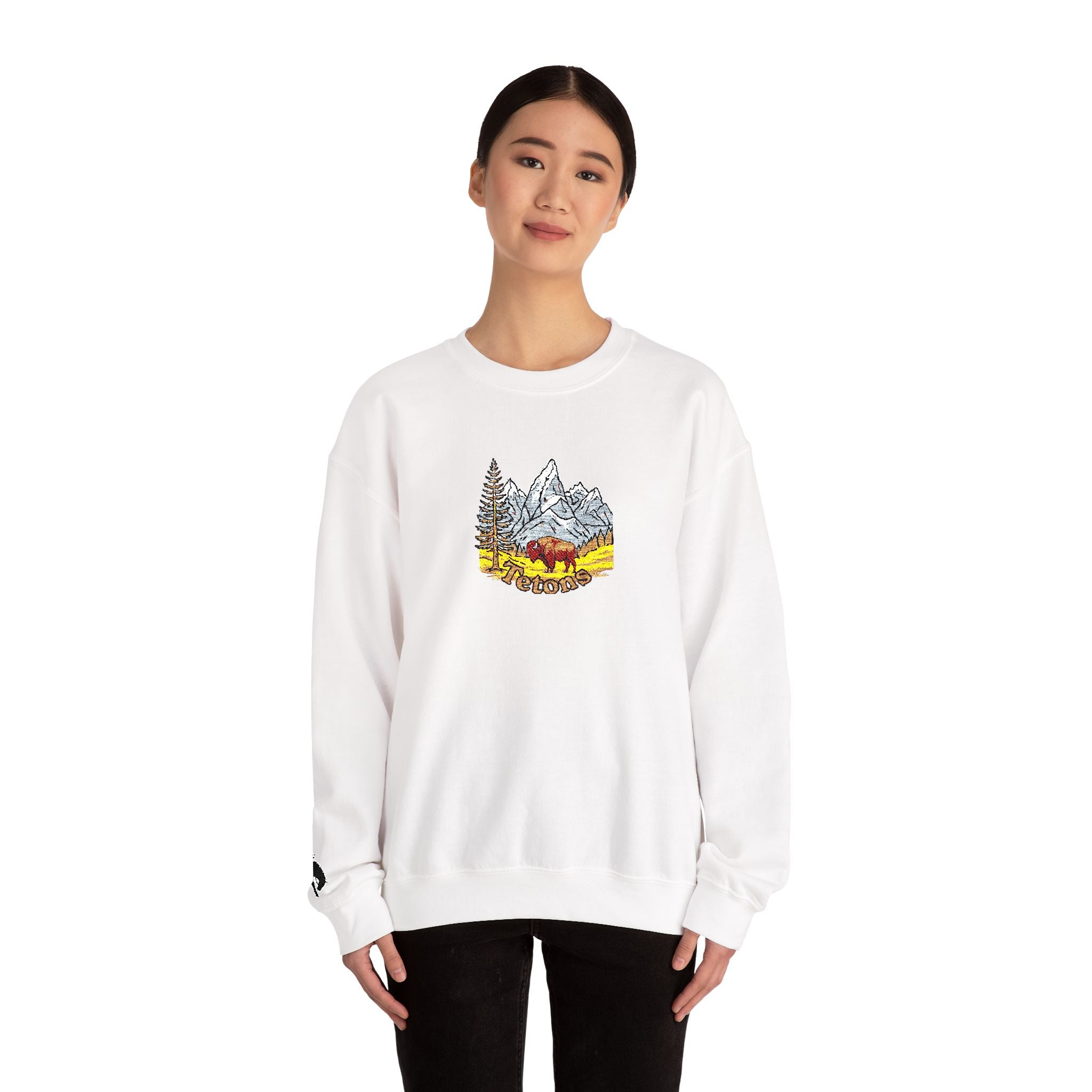 Grand Teton Crewneck Sweatshirt — Bucking cowboy sleeve