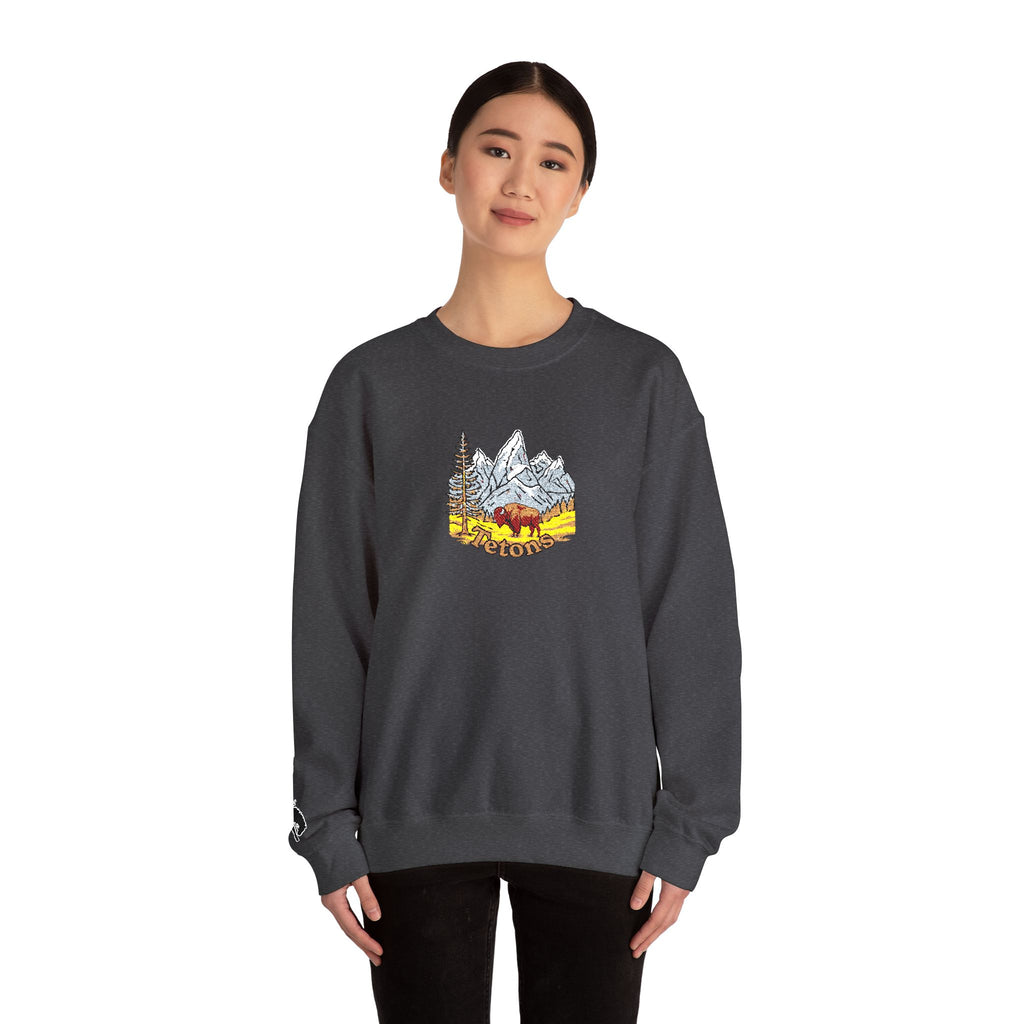Grand Teton Crewneck Sweatshirt — Bucking cowboy sleeve