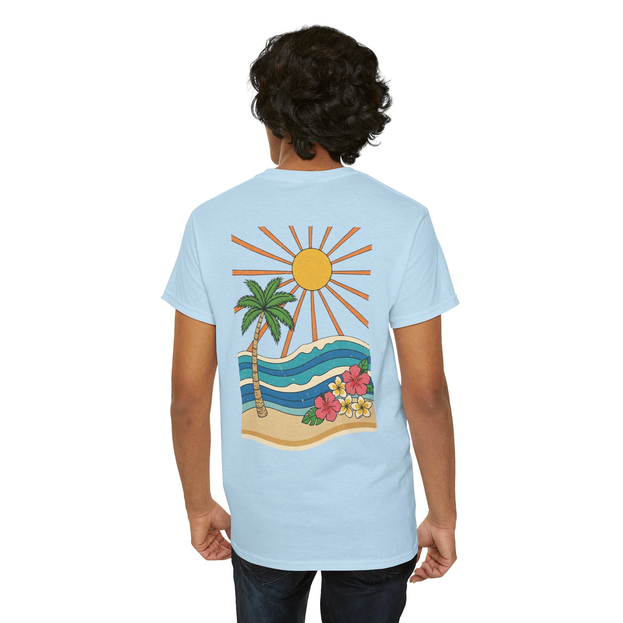 Vintage Shores T-Shirt-- Retro Beach Turtle Graphic Tee (Palm Trees, Sun & Waves)