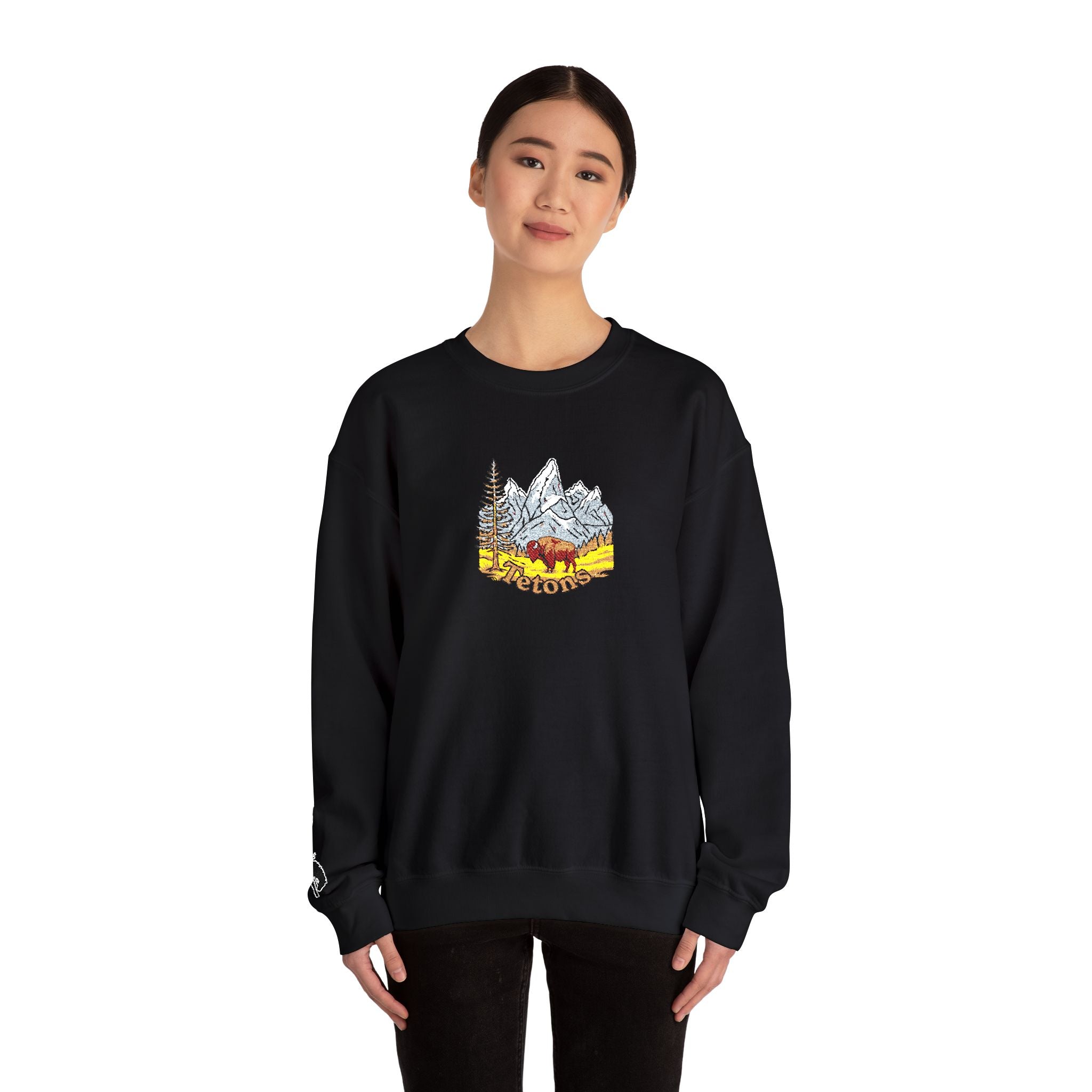 Grand Teton Crewneck Sweatshirt — Bucking cowboy sleeve
