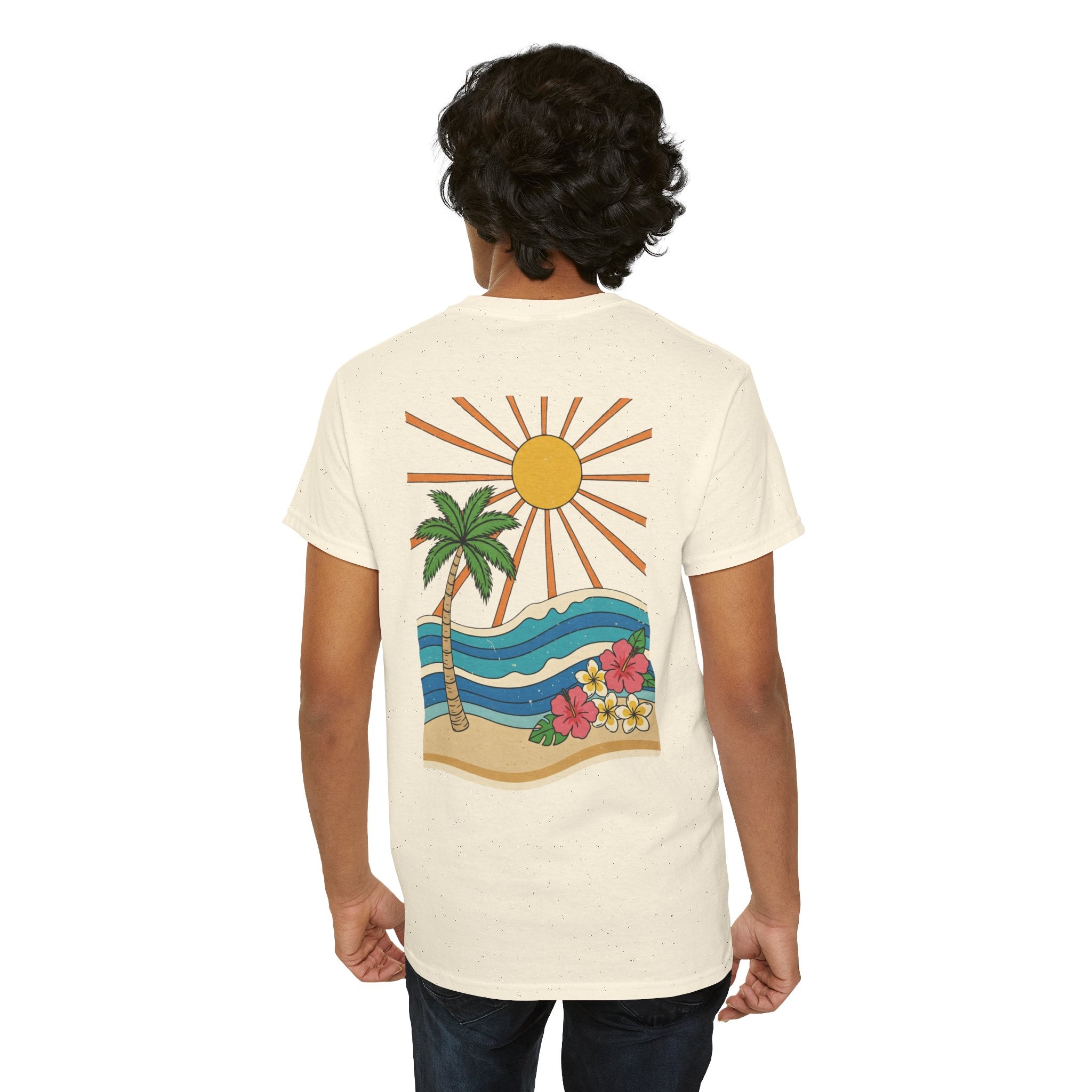 Vintage Shores T-Shirt-- Retro Beach Turtle Graphic Tee (Palm Trees, Sun & Waves)
