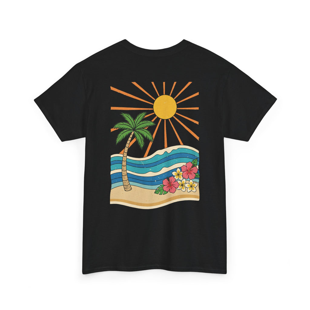Vintage Shores T-Shirt-- Retro Beach Turtle Graphic Tee (Palm Trees, Sun & Waves)