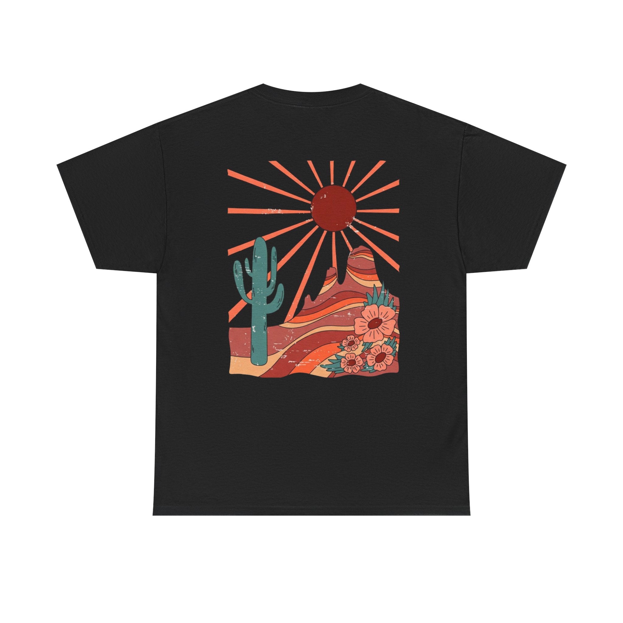 Desert Bloom T-Shirt — Retro Sun, Cactus & Floral Graphic Tee