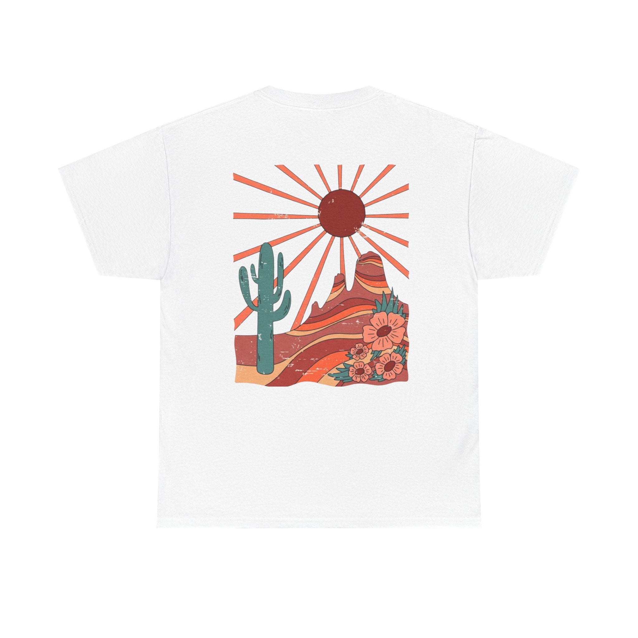 Desert Bloom T-Shirt — Retro Sun, Cactus & Floral Graphic Tee