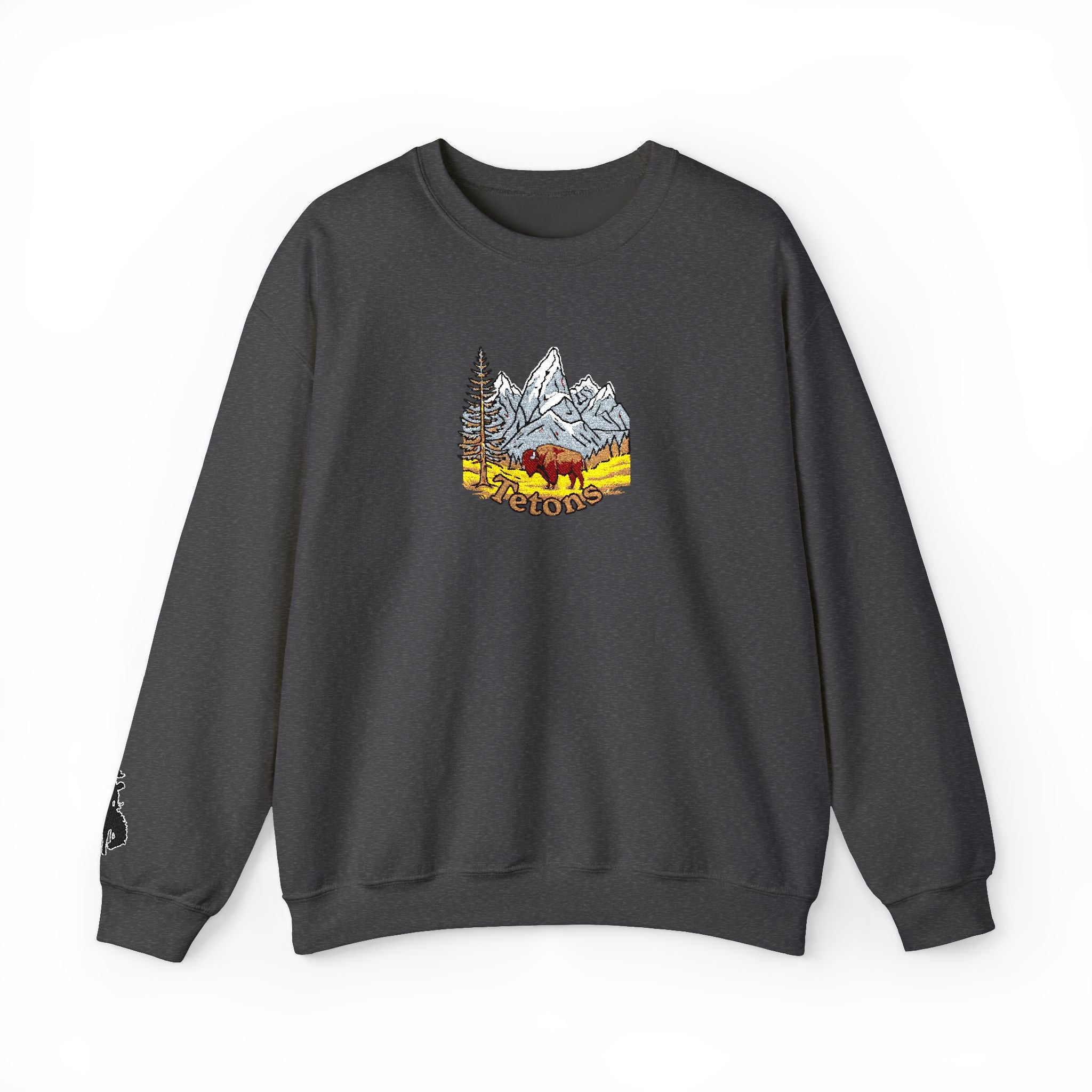 Grand Teton Crewneck Sweatshirt — Bucking cowboy sleeve