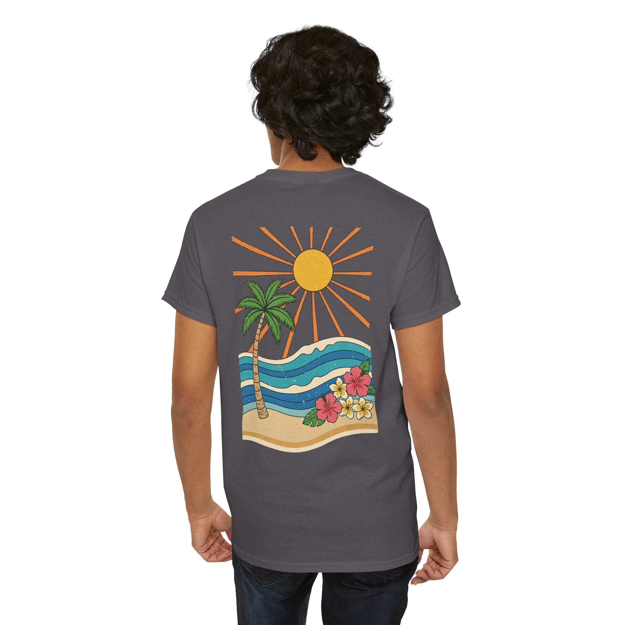 Vintage Shores T-Shirt-- Retro Beach Turtle Graphic Tee (Palm Trees, Sun & Waves)